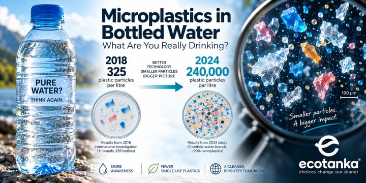 Microplastics in bottled water infographic comparing 325 plastic particles per litre in 2018 with 240,000 micro- and nanoplastic particles per litre detected in a 2024 study.
